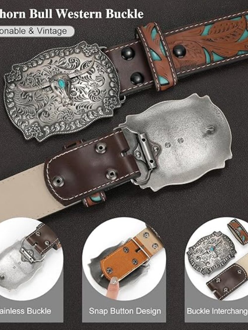Women Men Genuine Leather Belt Vintage Ladies Western Belt Engraved Tooled - Picture 4 of 6